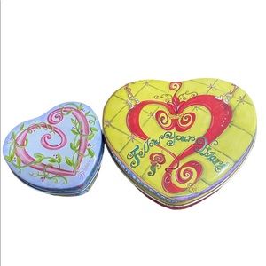 Lot of 2 Brighton Heart Shaped Jewelry Tins Empty Small Large Yellow Blue